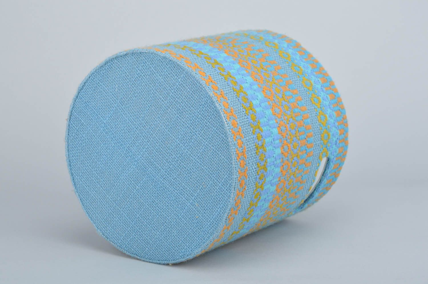 Corbeille de rangement en tissus jute lin carton bleue à motif faite main photo 3