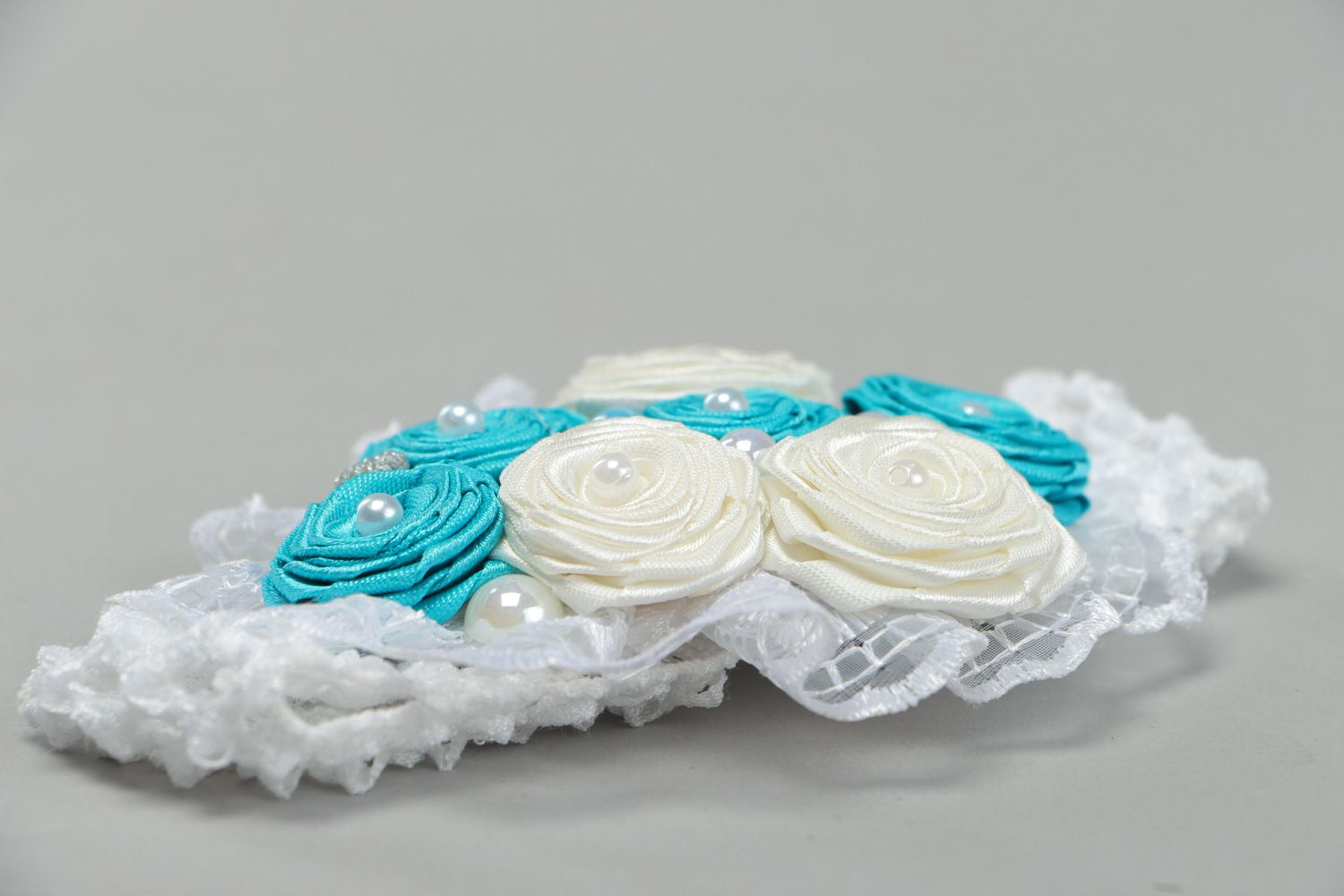 Stylish handmade floral headband with satin ribbons in white and blue colors photo 2