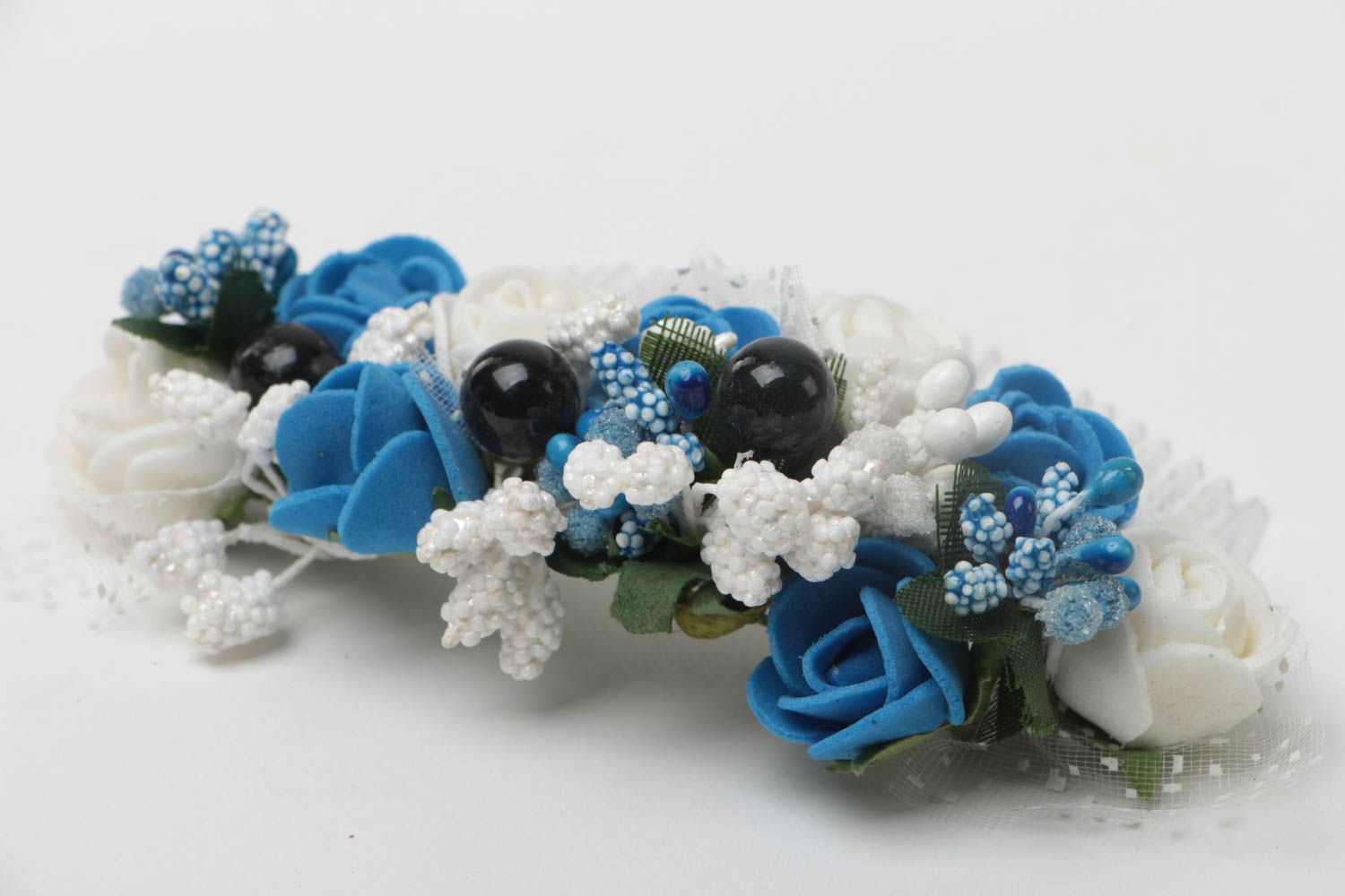 Handmade Blumen Haarkamm aus Plastik künstlerisch blau weiß für Abendlook foto 3