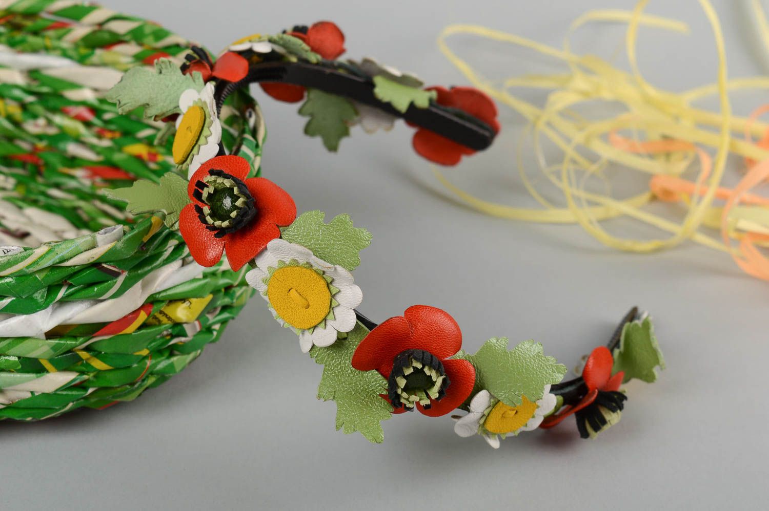 Leather hairband with flowers handmade colorful hair accessory female present photo 1