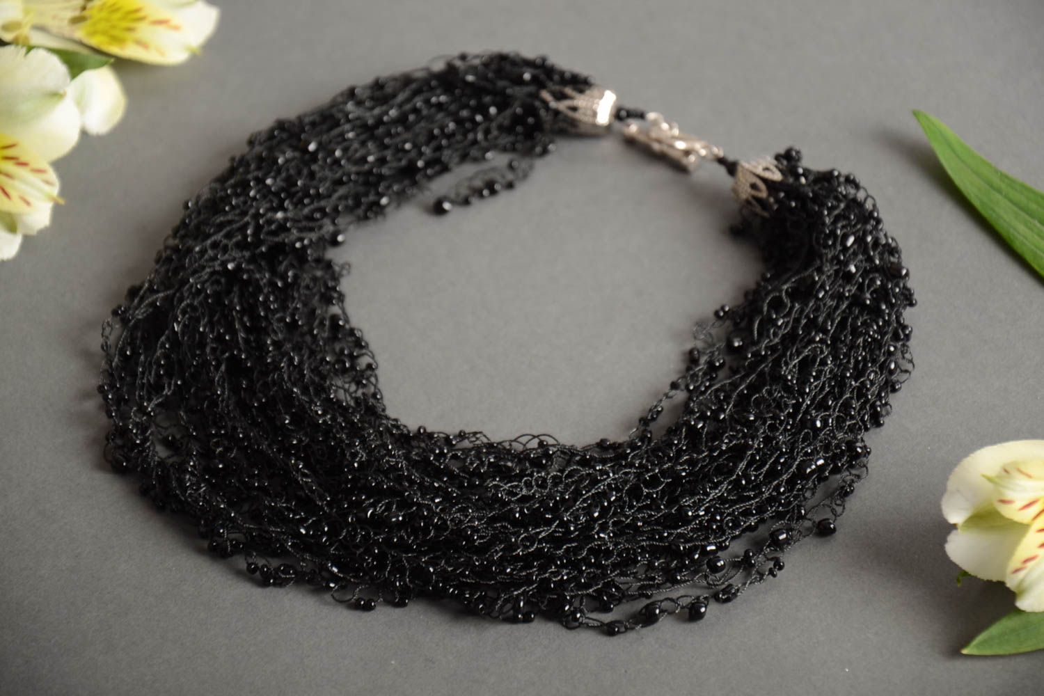 Handmade designer evening multi row airy necklace crocheted of black Czech beads photo 1