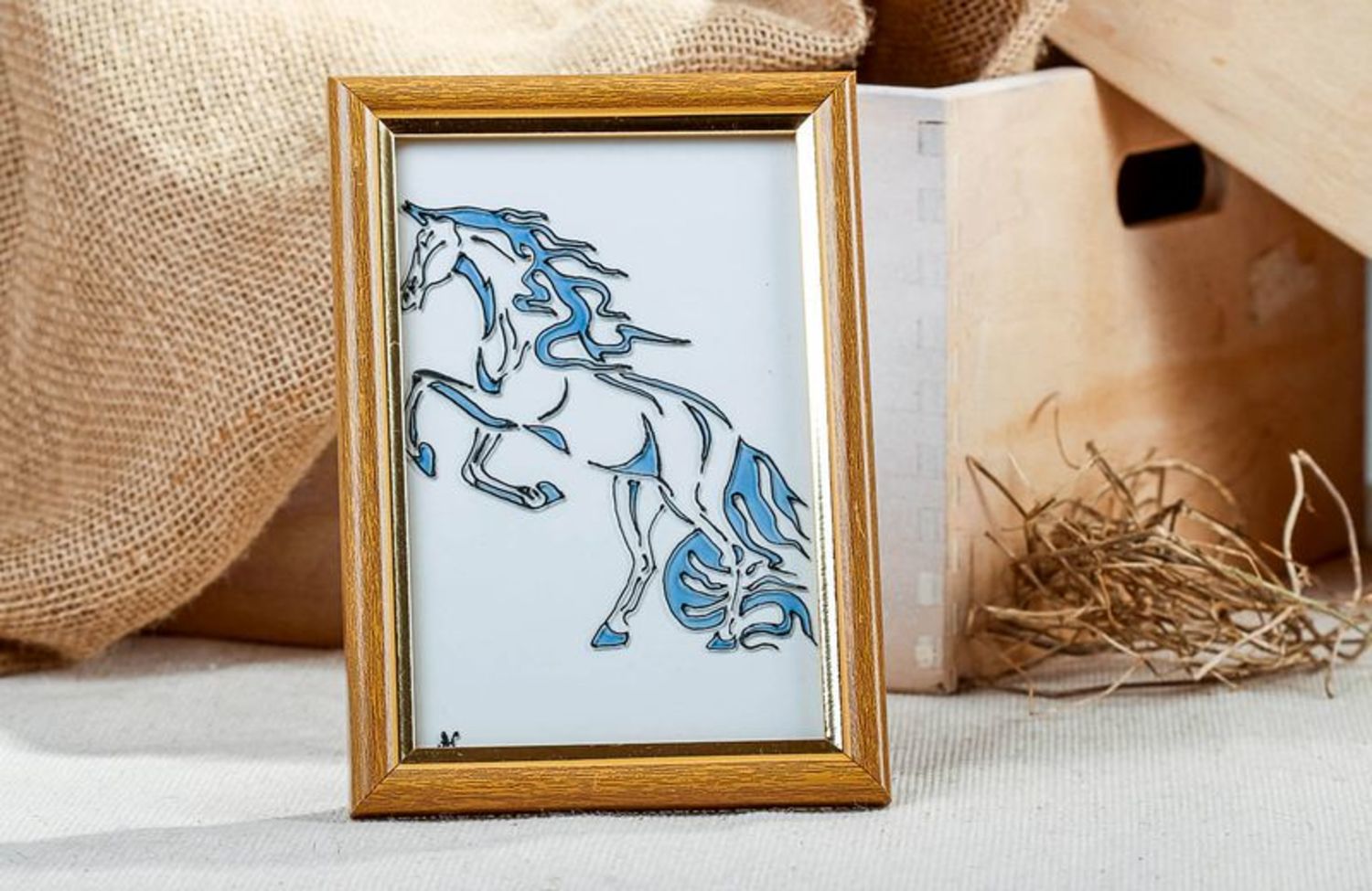 Stained glass picture in wooden frame Stubborn horse photo 1