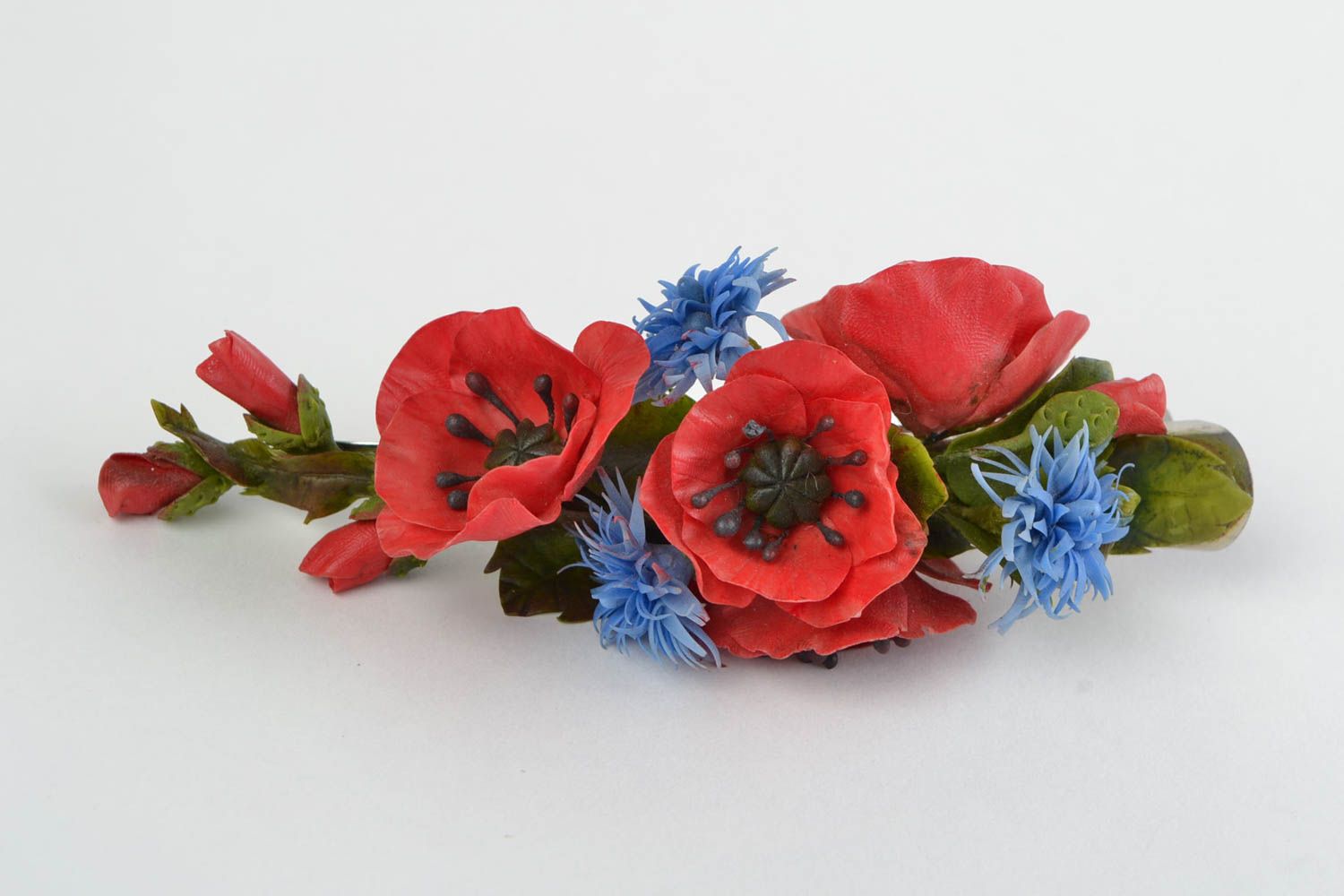 Handmade stylish hairpin made of cold porcelain in the form of red poppies photo 1