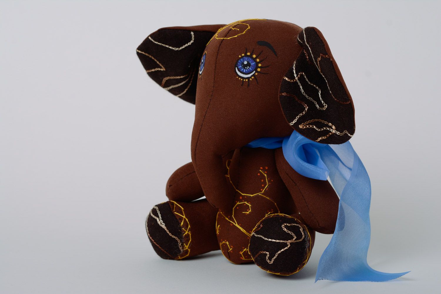 Handmade brown fabric soft toy elephant with bow and painting photo 3
