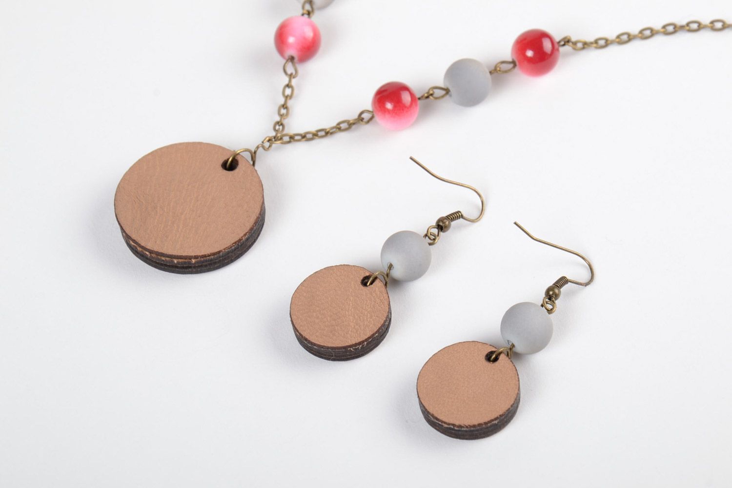 Set of handmade plywood jewelery round pendant and earrings with embroidery and beads photo 3