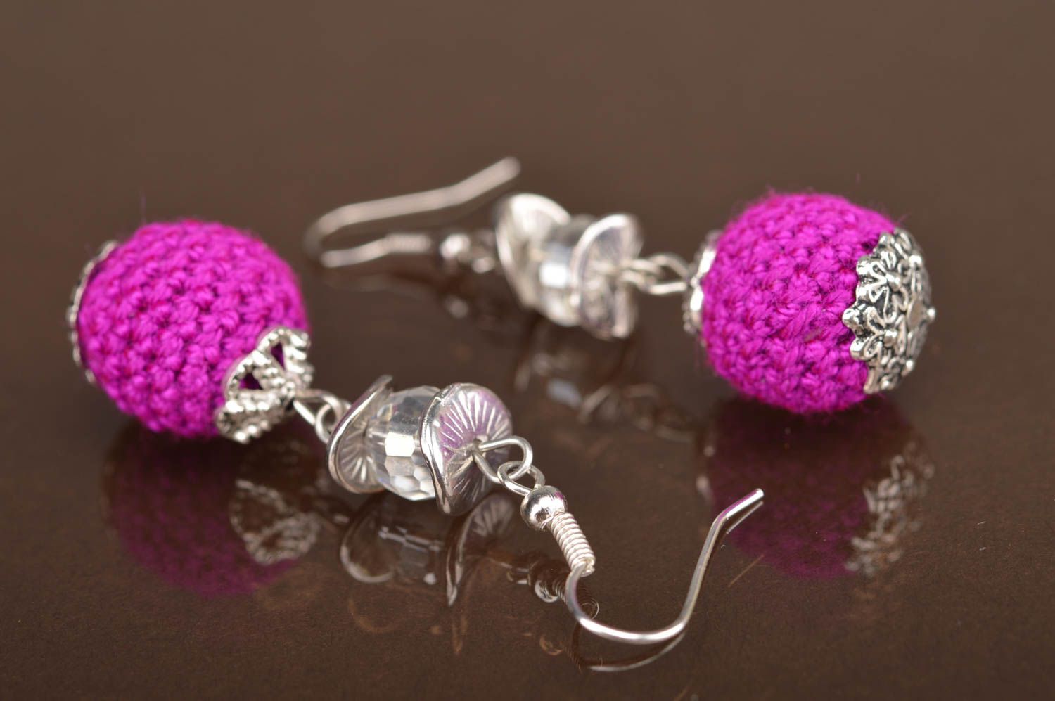 Unusual beautiful handmade designer long crochet ball earrings stylish jewelry photo 3