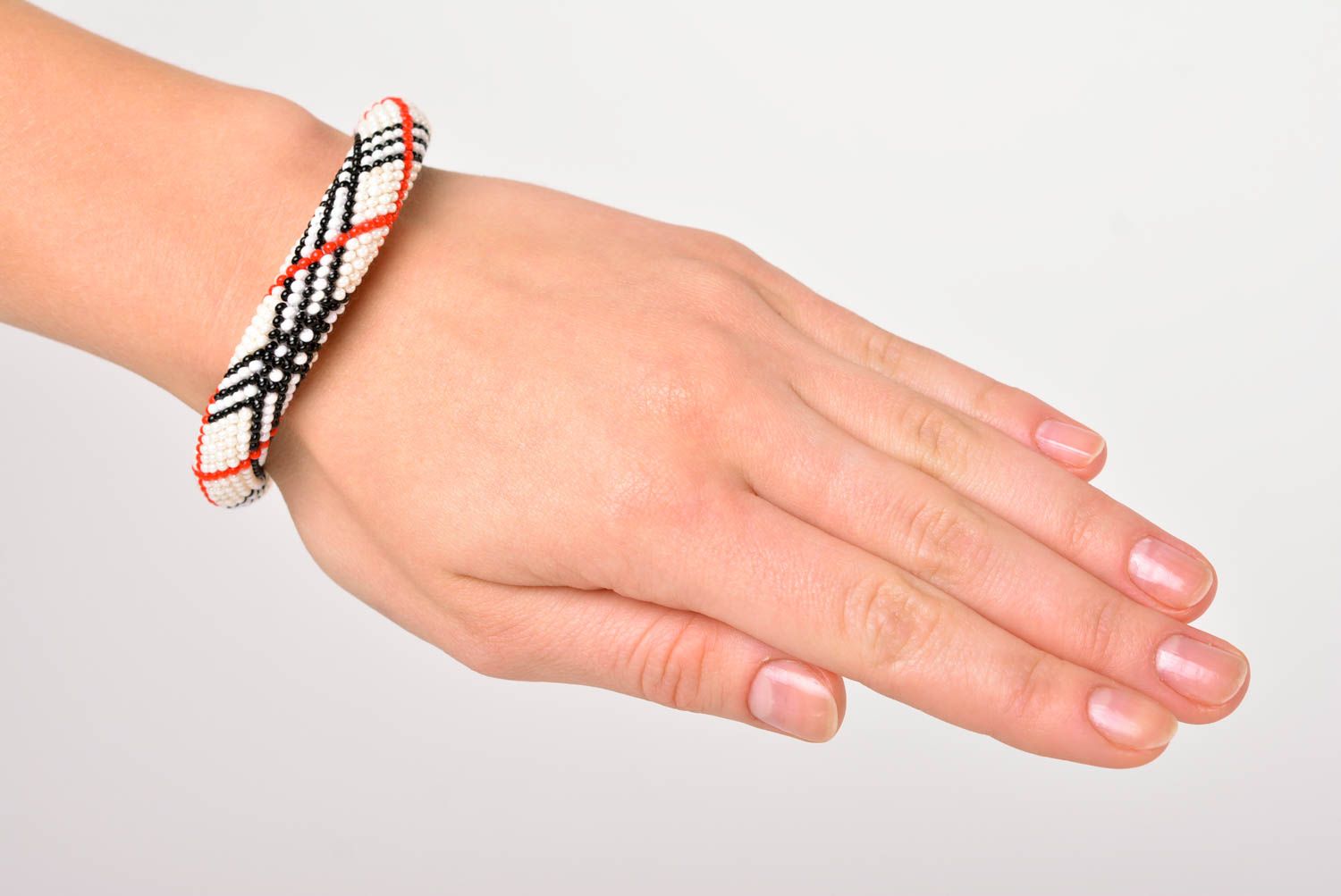 Handmade modern beaded cord all-size bracelet in white, black, red colors for women photo 2