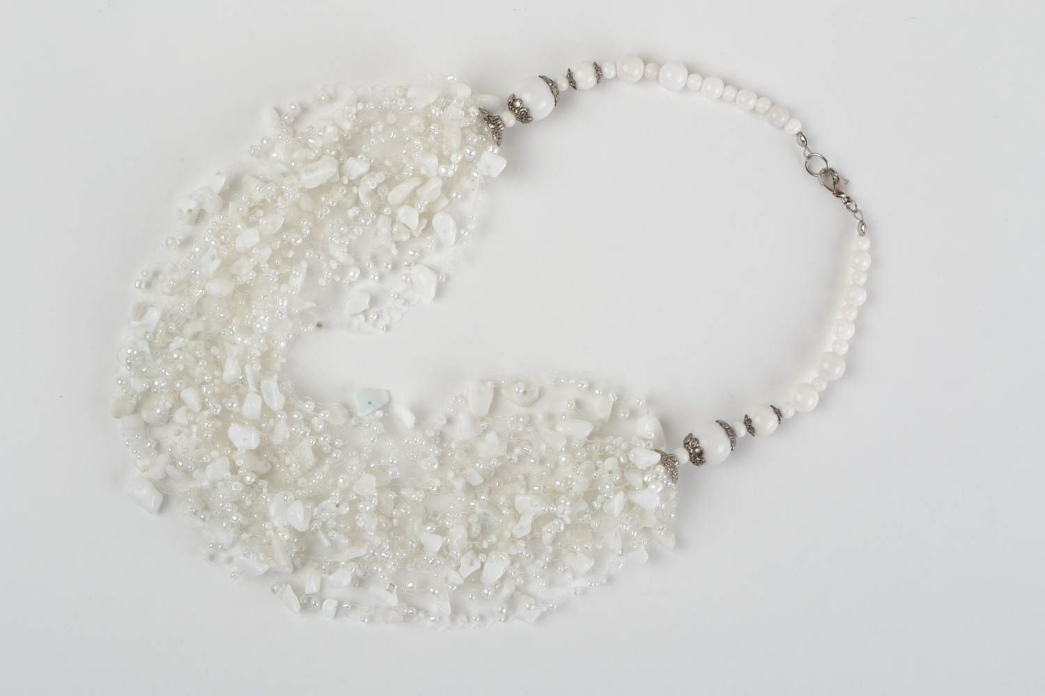 Handmade cute light airy white necklace made of beads and natural stones photo 5
