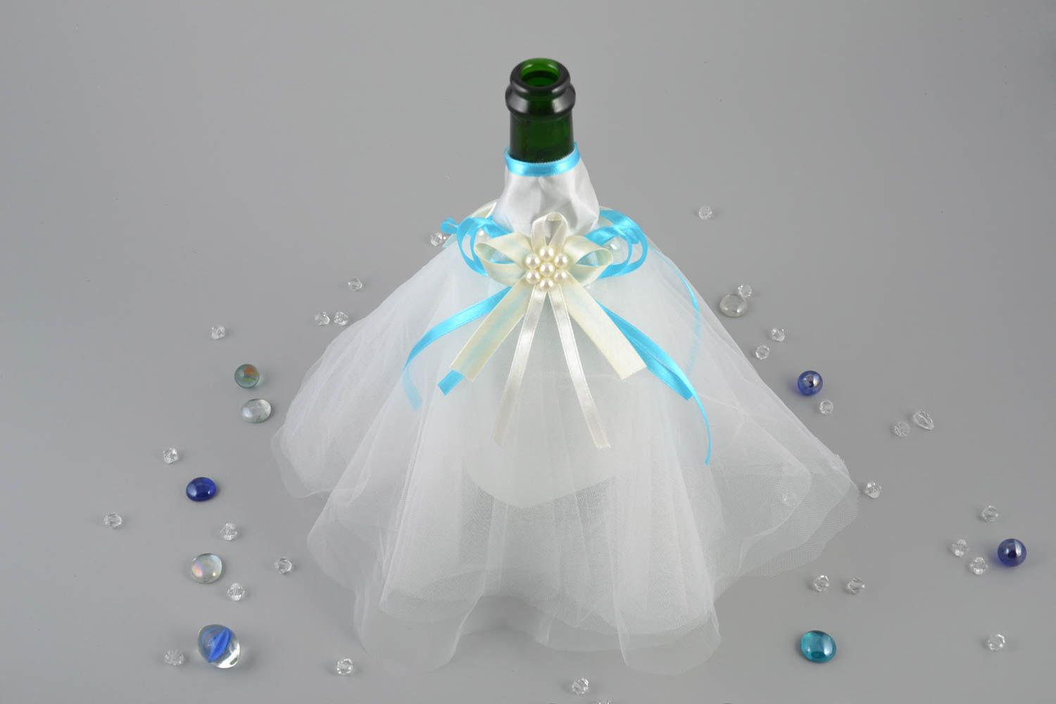 Handmade decorative wedding champagne bottle cozy white and blue satin dress photo 1