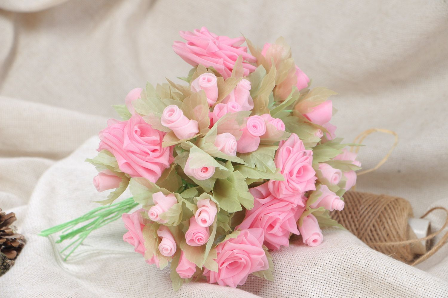 Handmade beautiful chiffon bouquet of pink roses for a home decor photo 1