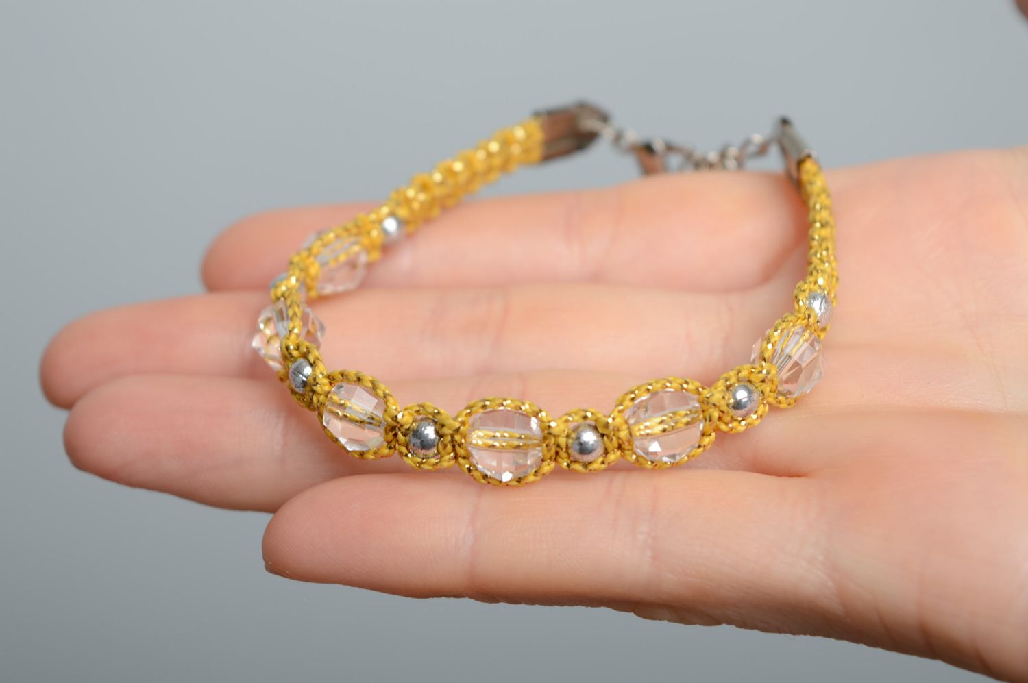 Bracelet en macramé de fil en coton ciré avec perles de cristal fleurs fait main photo 3