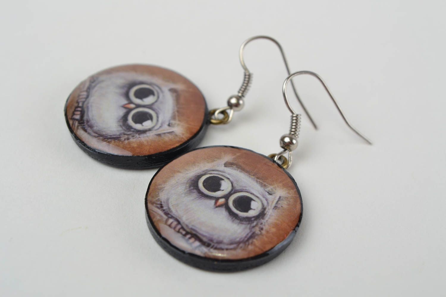 Handmade round polymer clay decoupage dangling earrings with image of owls photo 5