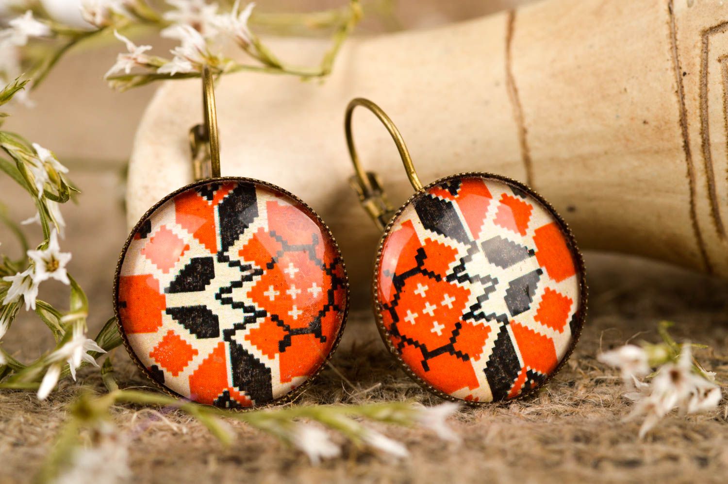 Cabochon earrings handmade designer earrings with print round-shaped earrings photo 1