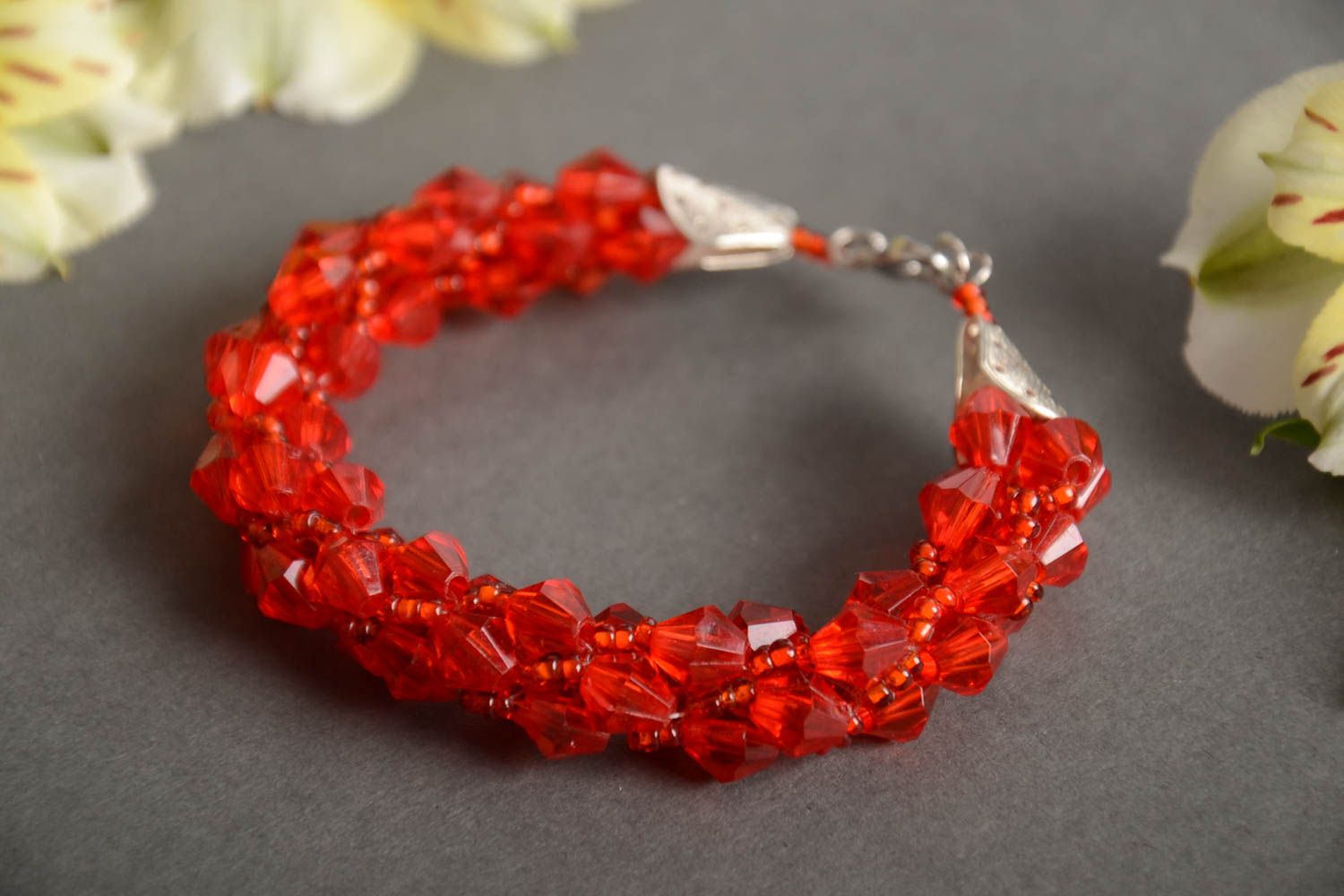 Handmade wrist bracelet crocheted of red Czech seed beads and faceted beads photo 1