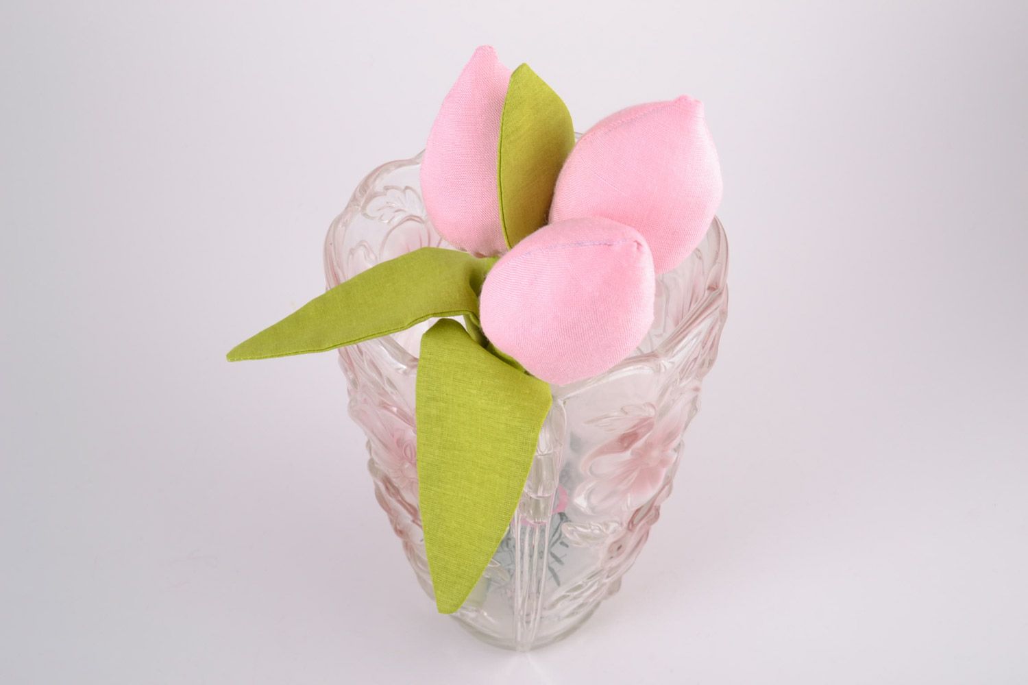 Small bouquet of 3 handmade decorative soft pink tulip flowers sewn of cotton photo 1