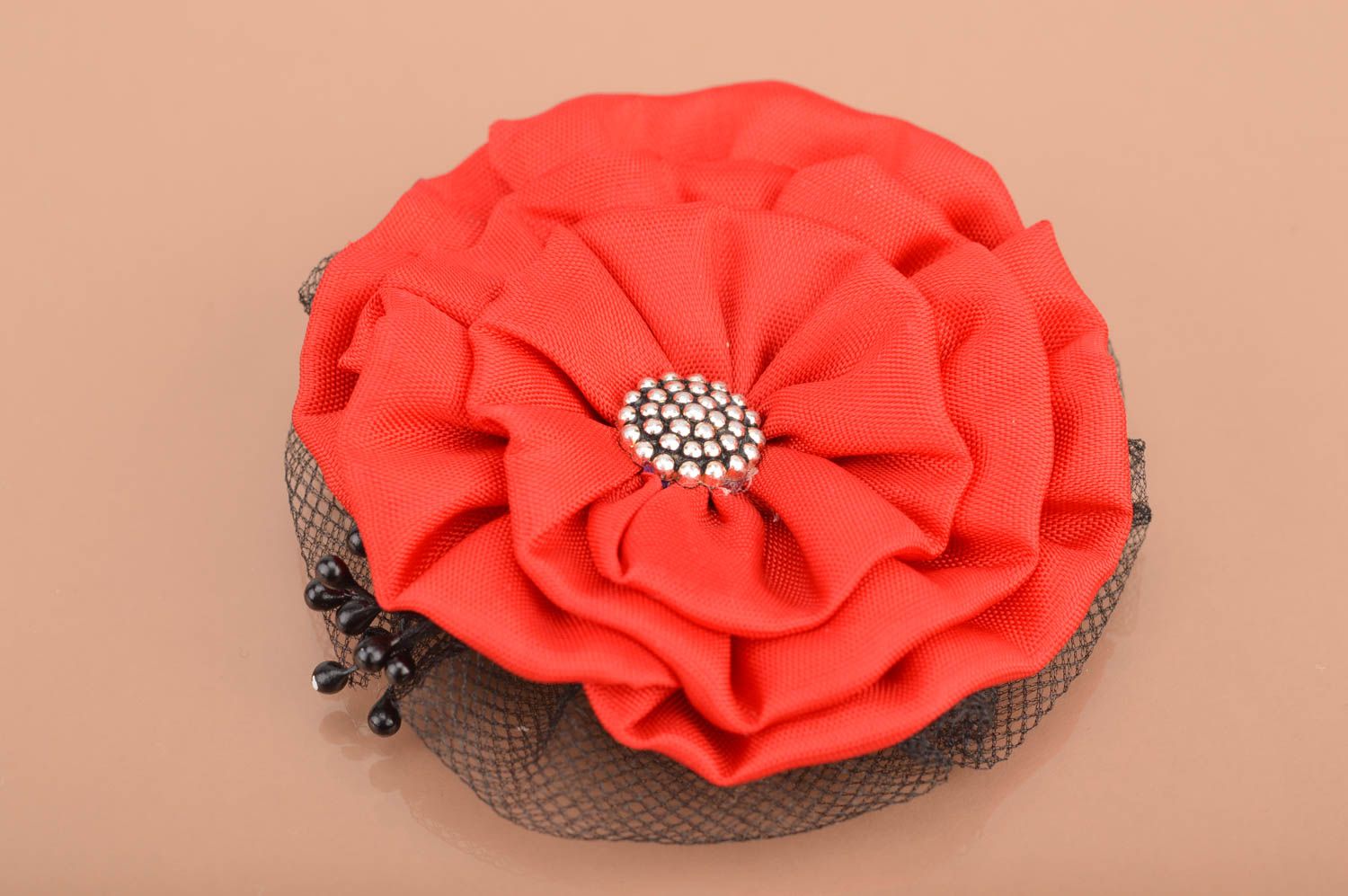 Red satin brooch in the shape of flower elegant kanzashi accessory gift for girl photo 2