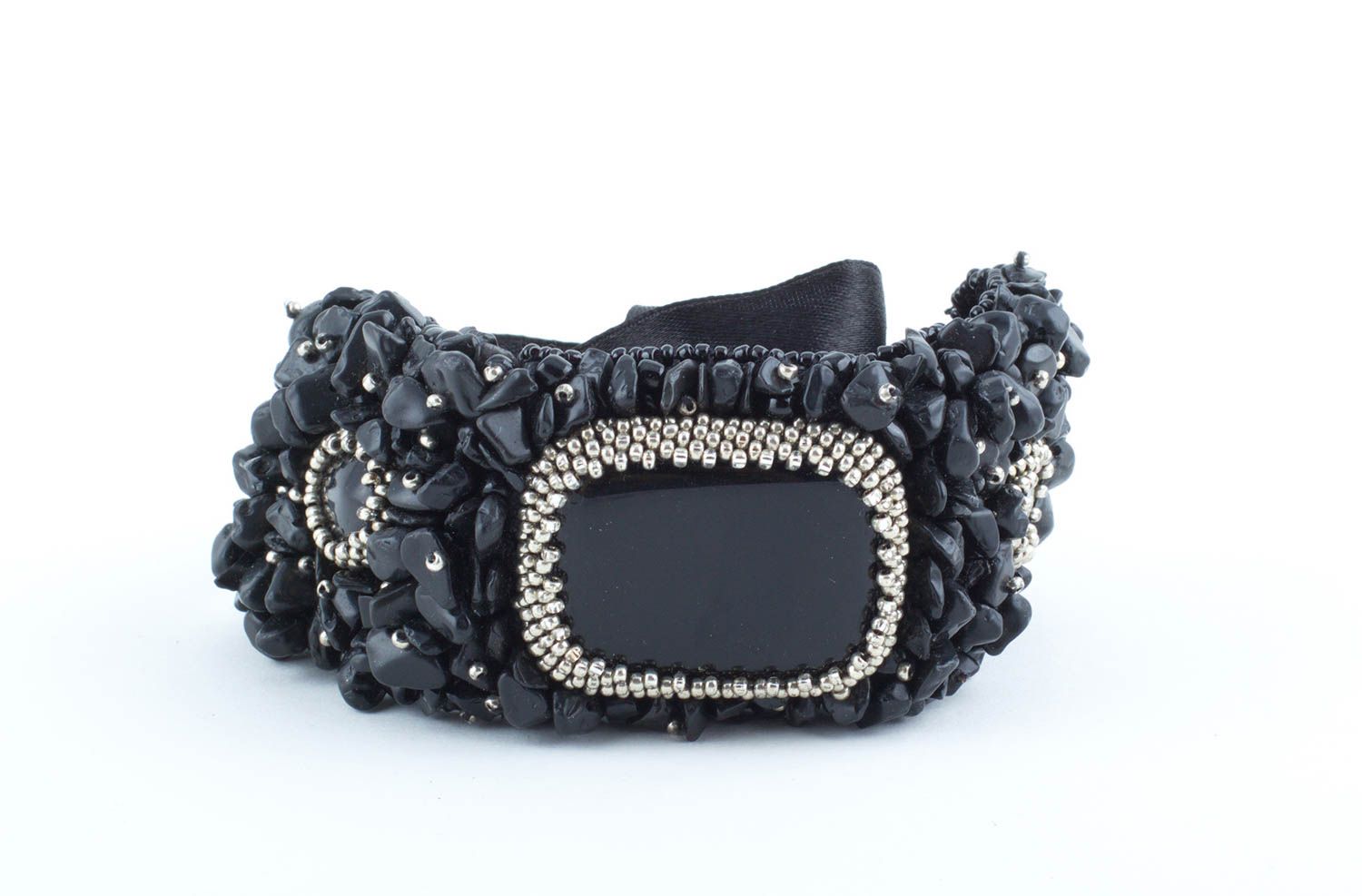 Bracelet large noir Accessoire fait main agate perles de rocaille Cadeau femme photo 5