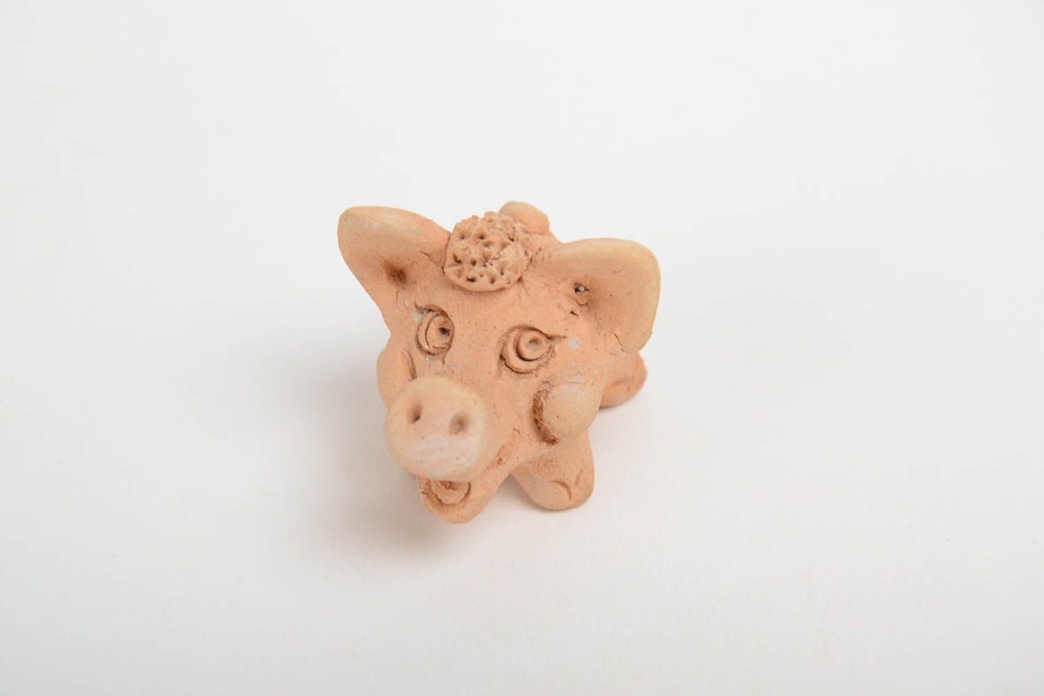 Handmade tiny funny animal figurine molded of pottery clay pig for table decor photo 2