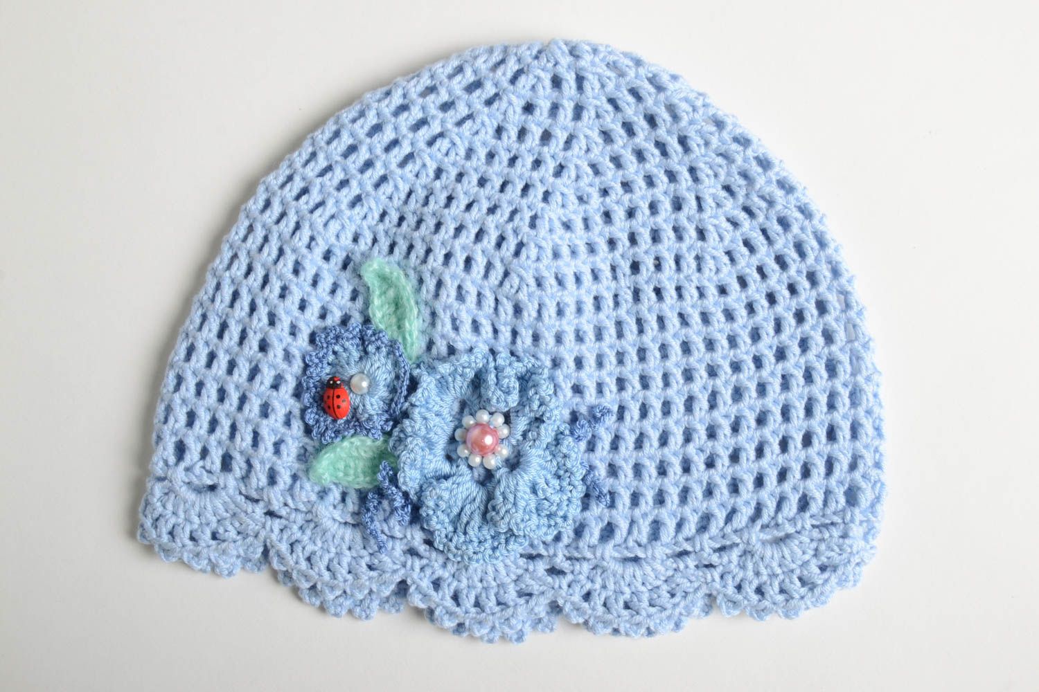 Шапка вязаная handmade детская шапка вязаная голубая шапка для детей ажурная фото 2