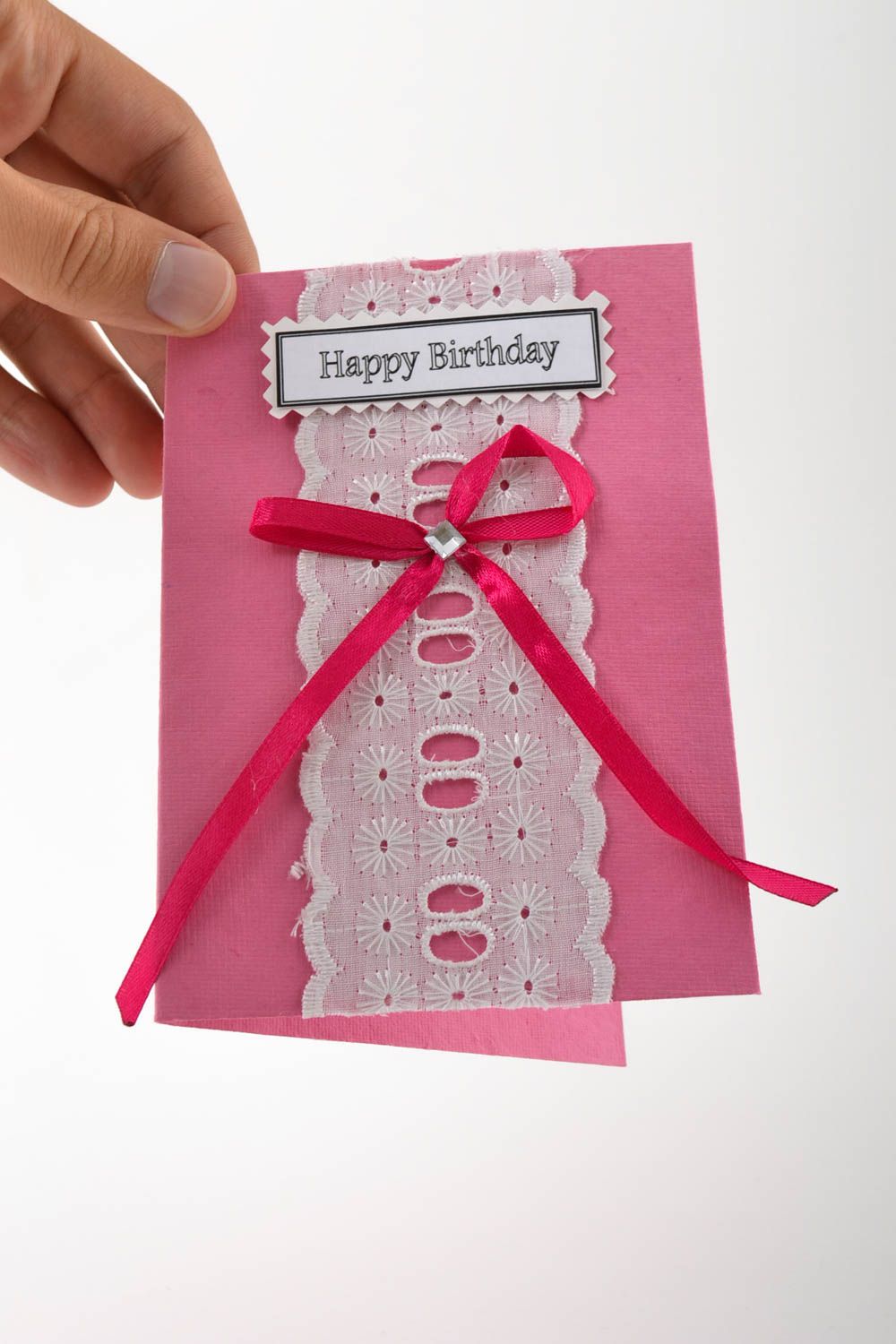 Tarjeta de felicitación regalo original postal hecha a mano rosada con lazo foto 5