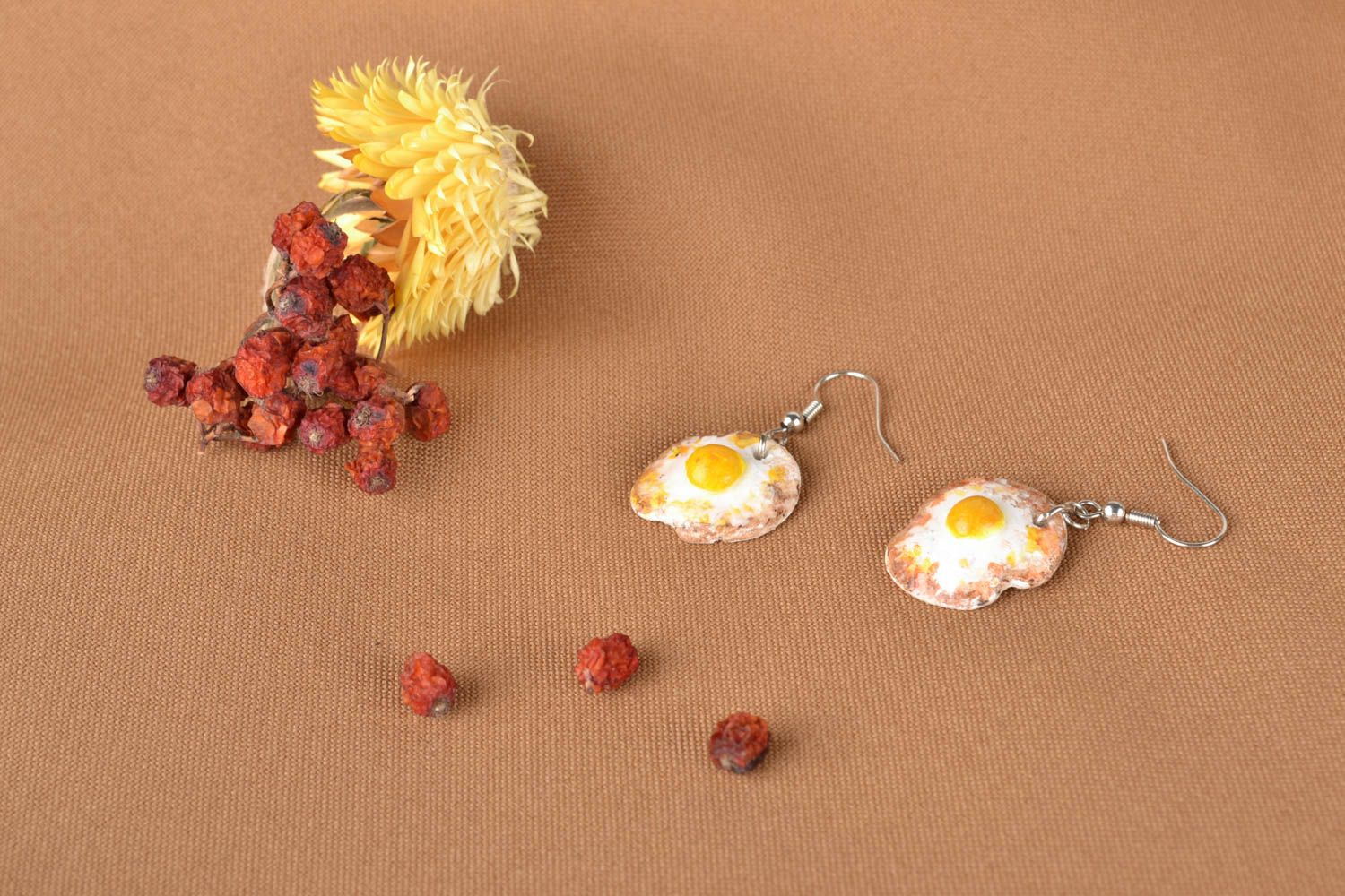 Polymer clay earrings in the shape of fried eggs photo 5