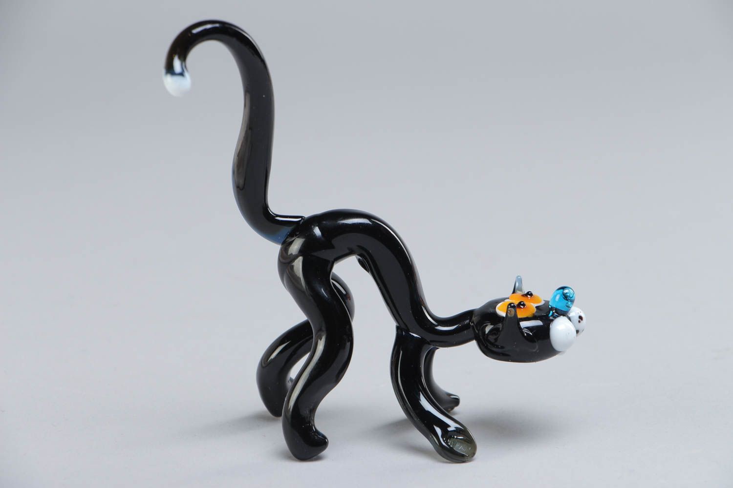 Handmade miniature collectible lampwork glass animal figurine of black cat photo 2