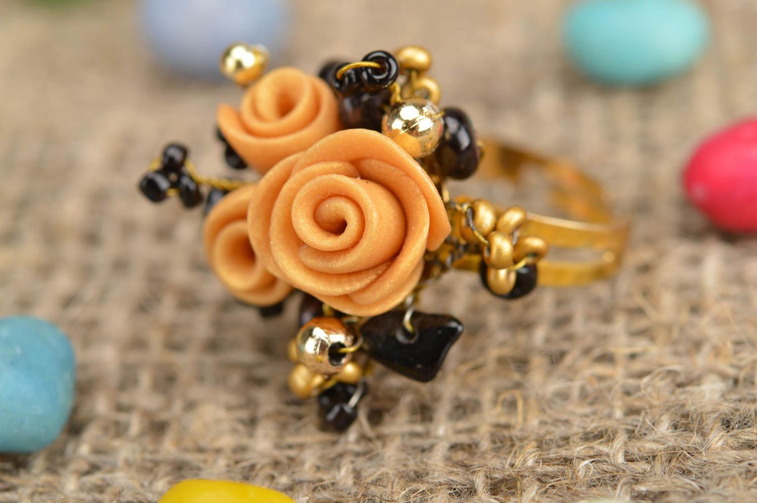 Polymer clay handmade beautiful female ring with flowers in vintage style photo 1