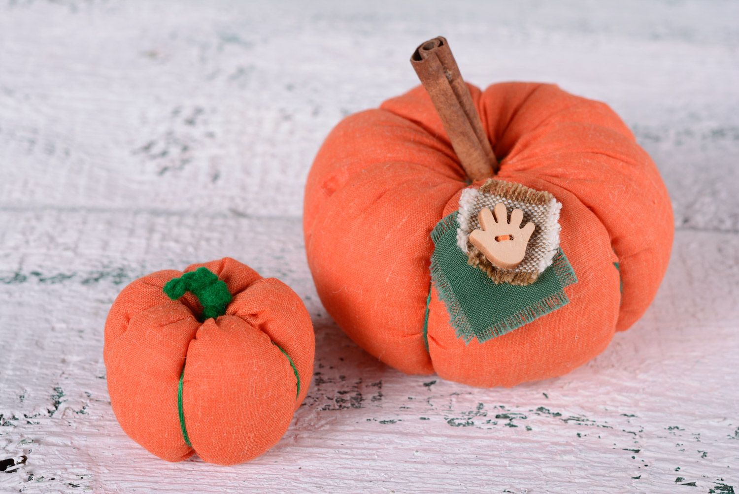 Handmade interior soft toys in the shape of pumpkins sewn of linen 2 items photo 1