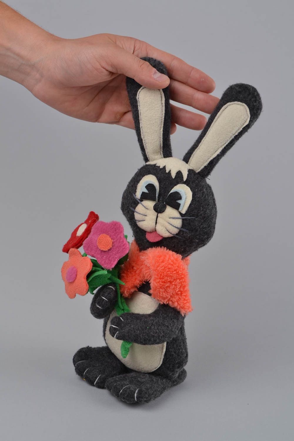 Handmade designer soft toy grey bunny made of fleece for kids photo 2