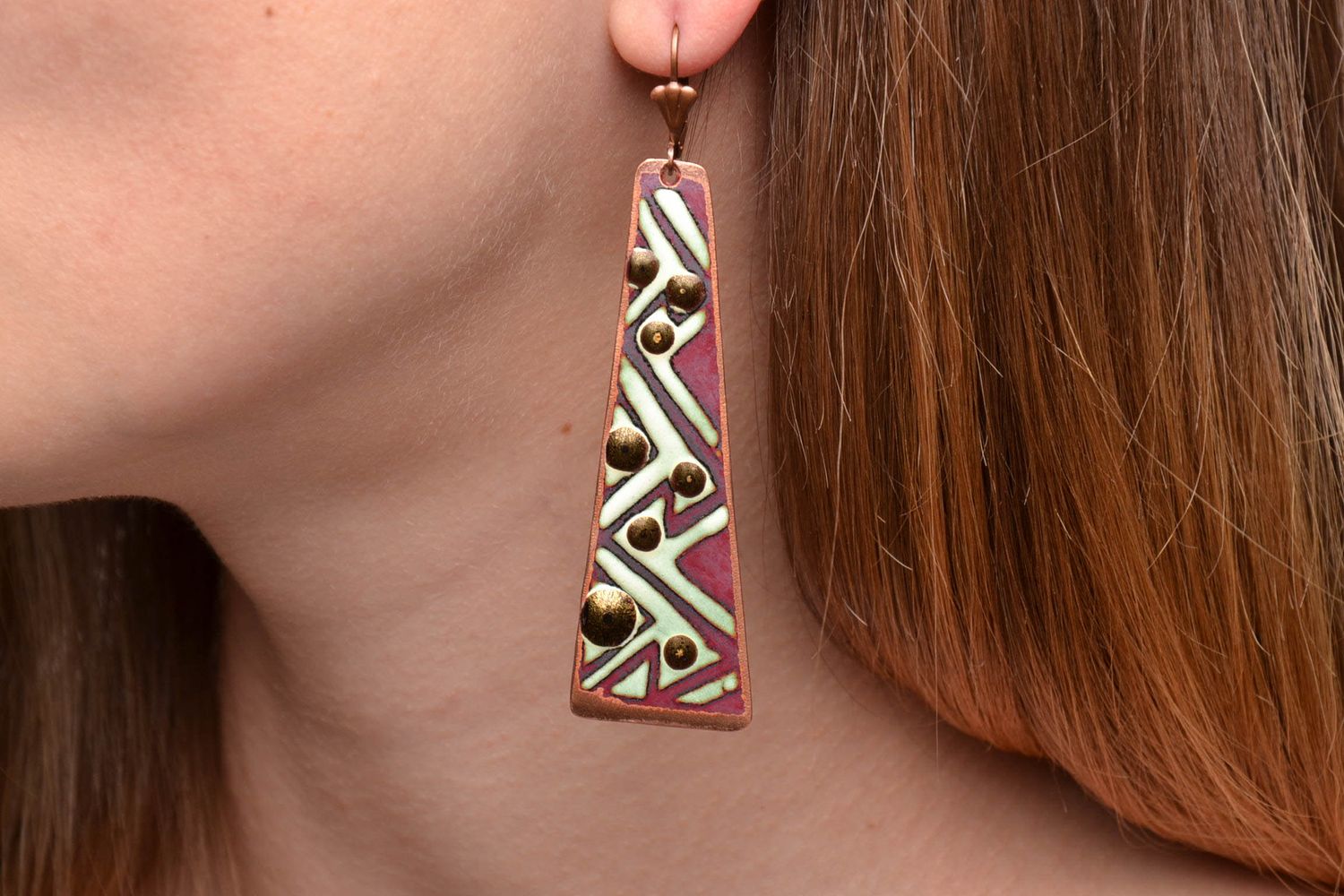 Enamel painted copper long earrings photo 2