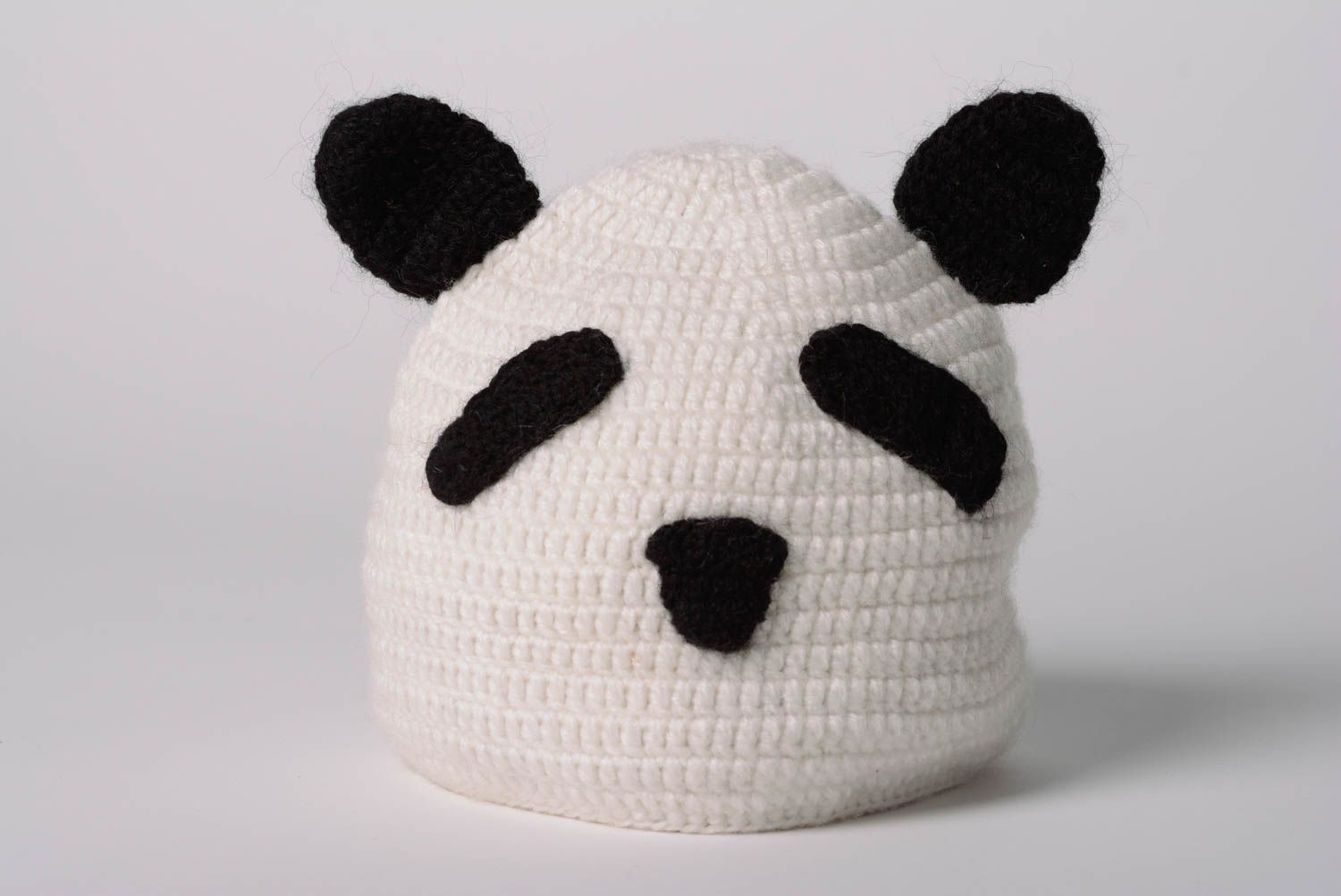 Bonnet tricoté pour enfant en laine naturelle fait main Panda noir blanc photo 1