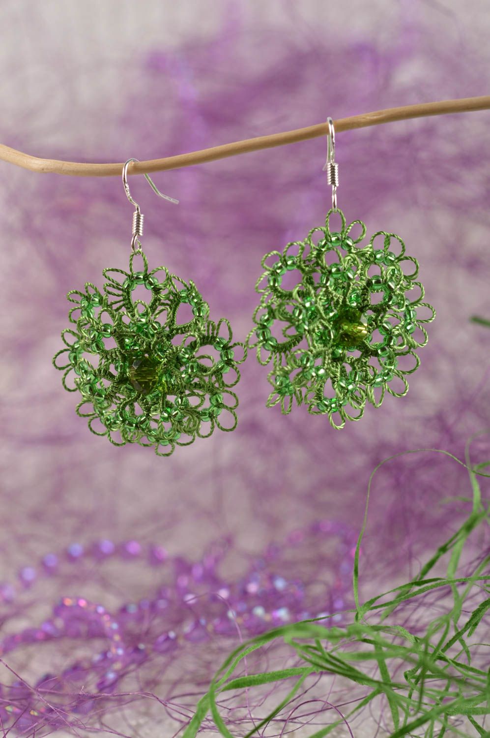 Unusual handmade woven lace earrings beaded earrings accessories for girls photo 5