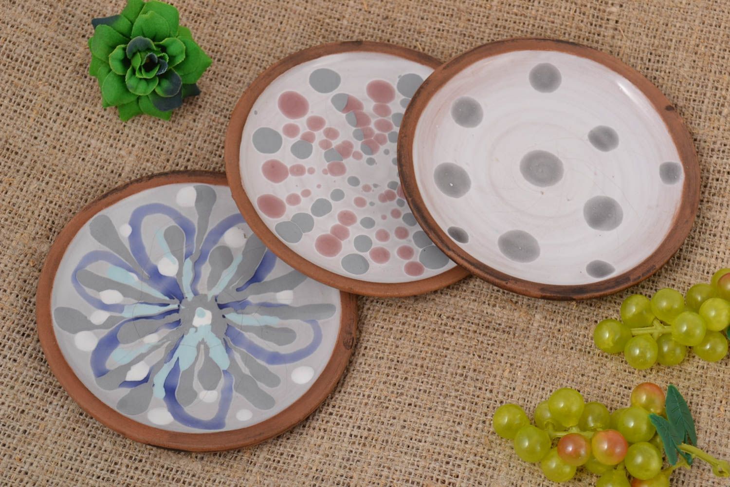 Unusual handmade ceramic plate beautiful clay plate 3 pieces pottery works photo 1