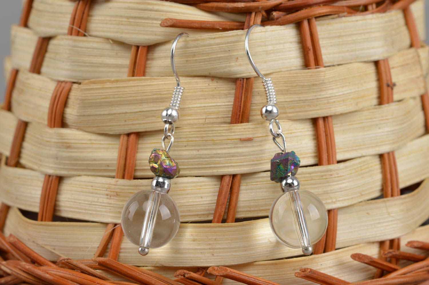 Boucles d'oreilles pendantes perles transparentes pierres naturelles faites main photo 1