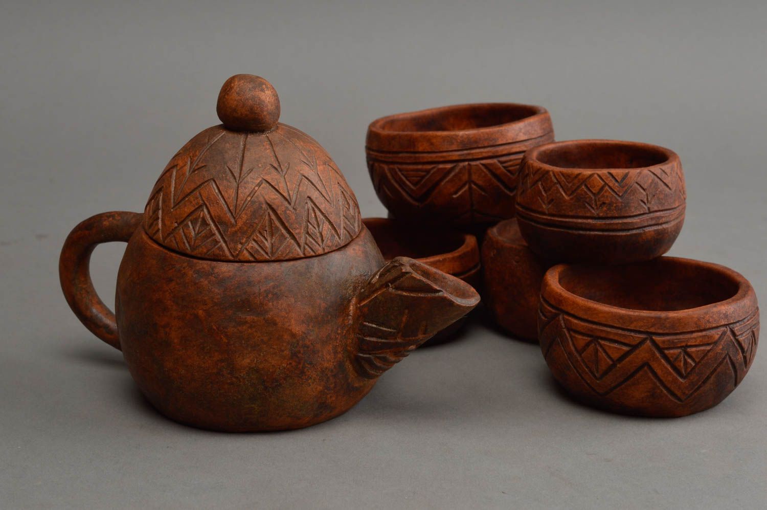 Ensemble céramique 6 petites tasses et théière originale faits main ethnique photo 4