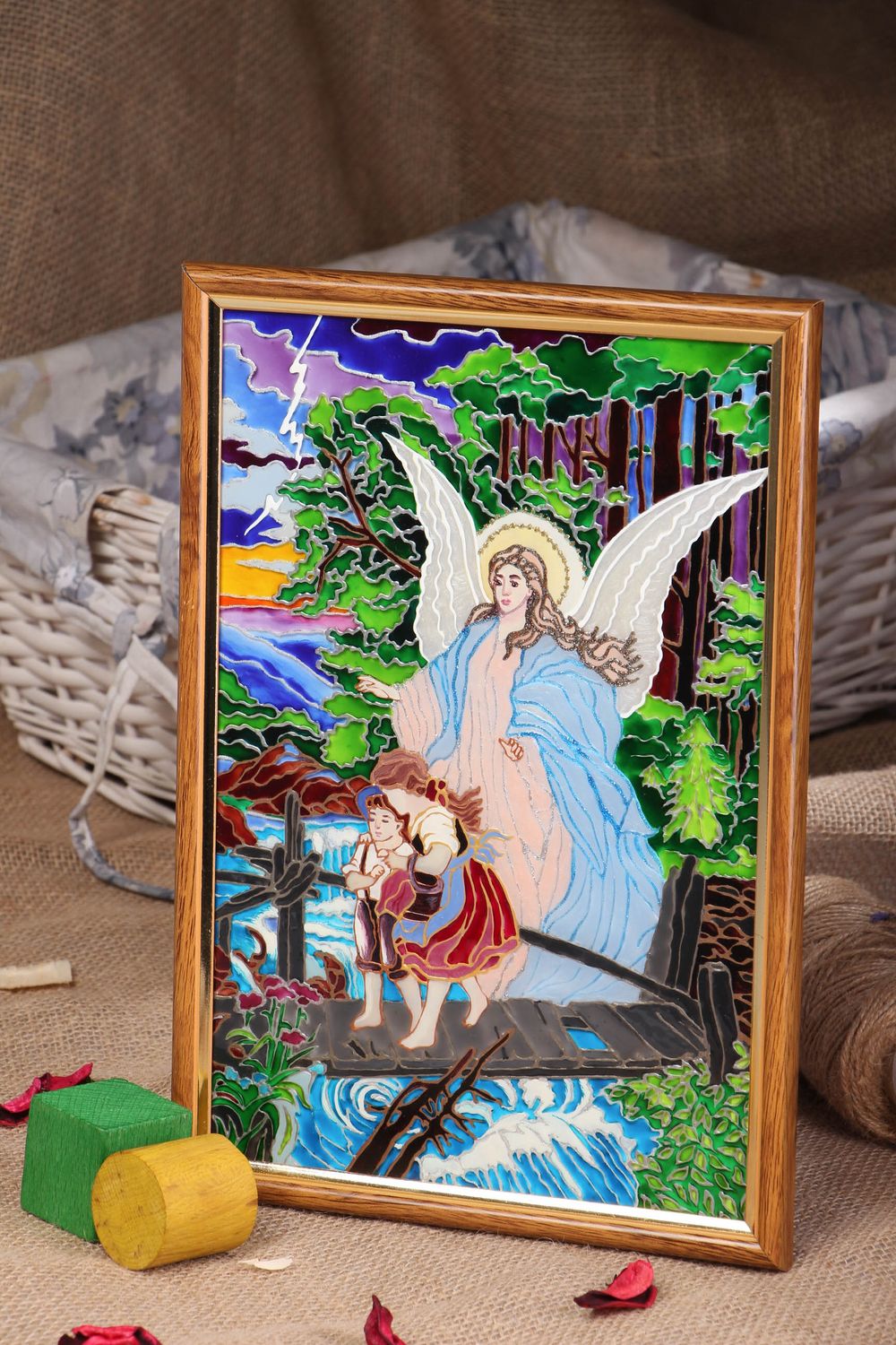 Tableau en verre décoratif avec peinture vitrail Ange gardien photo 5