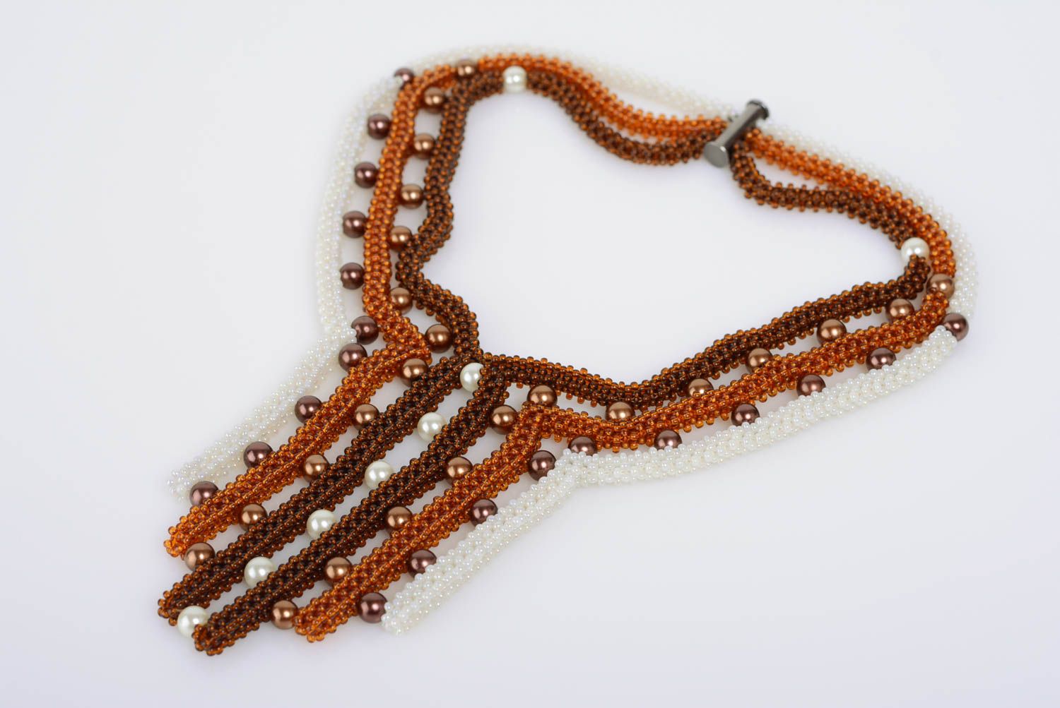 Unusual brown handmade woven beaded necklace designer evening jewelry photo 1
