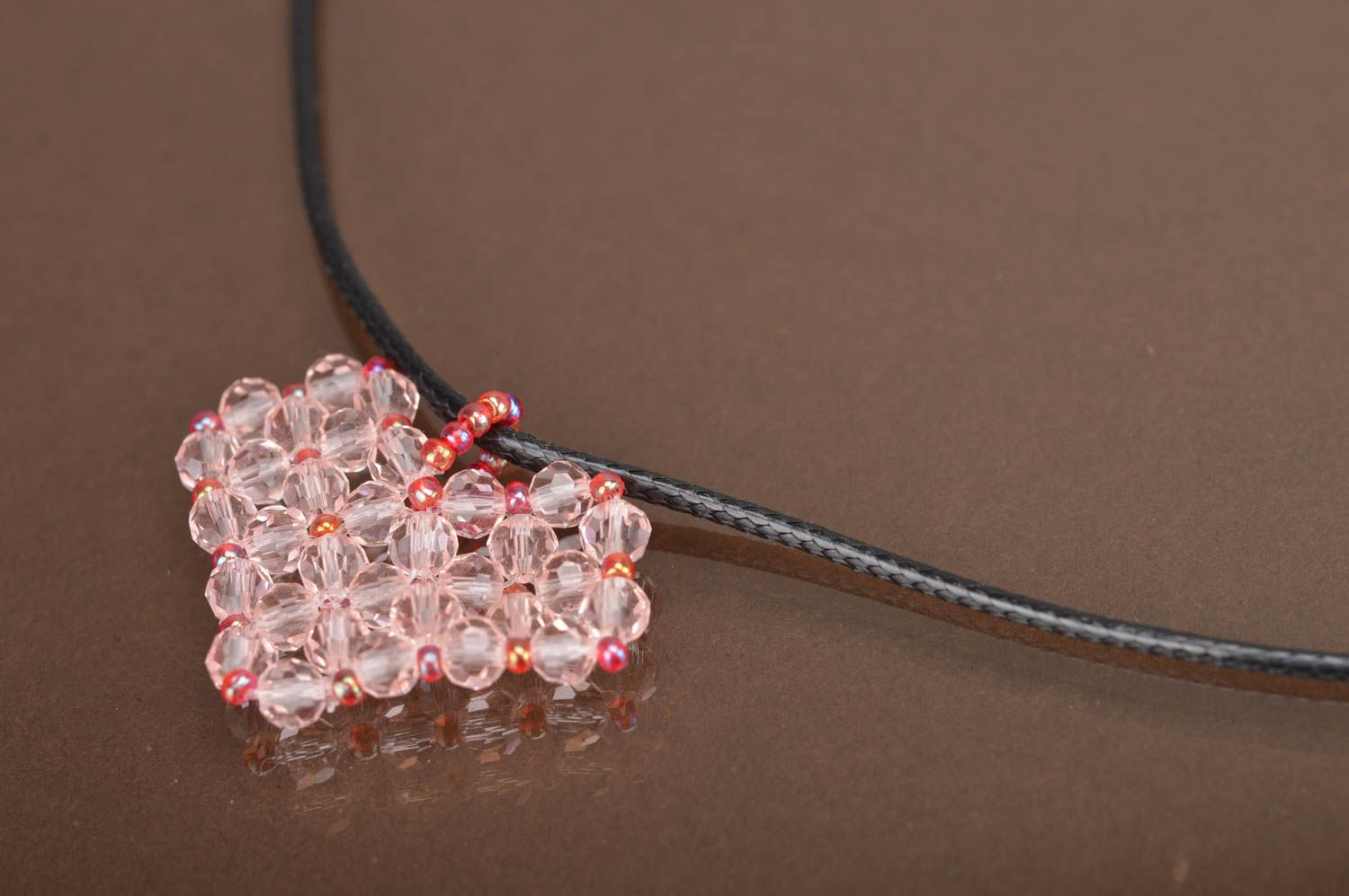 Handmade pendant made of crystal and beads in shape of pink heart on cord photo 5