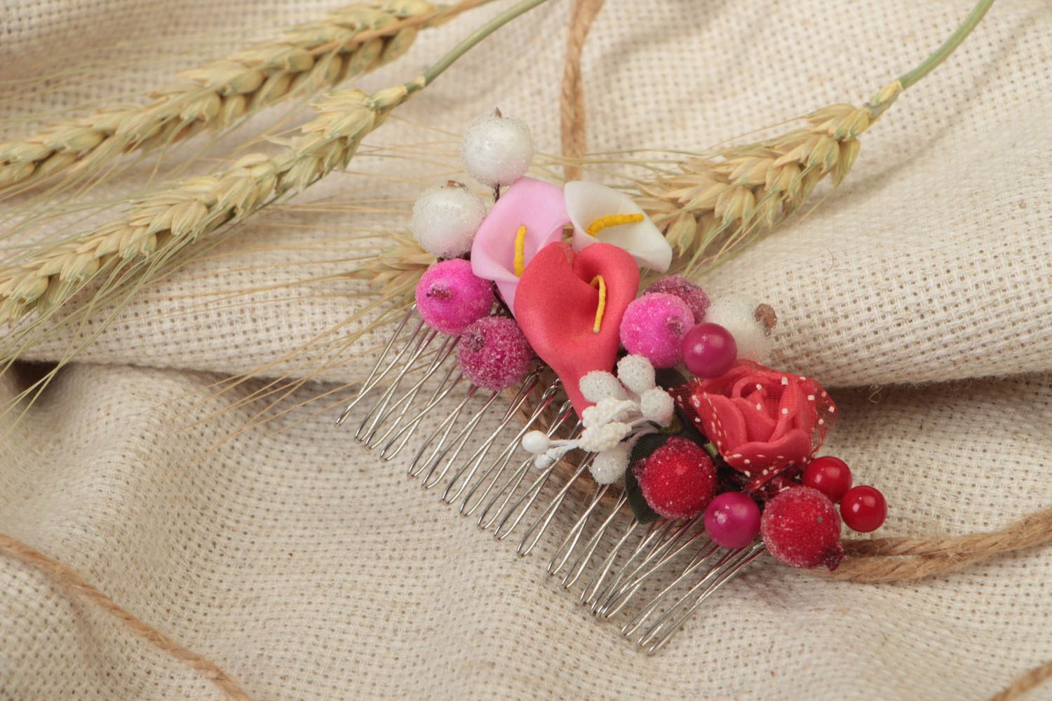 Handmade decorative metal hair comb with artificial berries and flowers photo 1