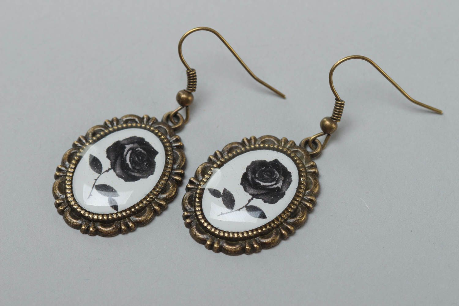 Handmade oval metal earrings with imagery of black roses coated with glass glaze photo 2
