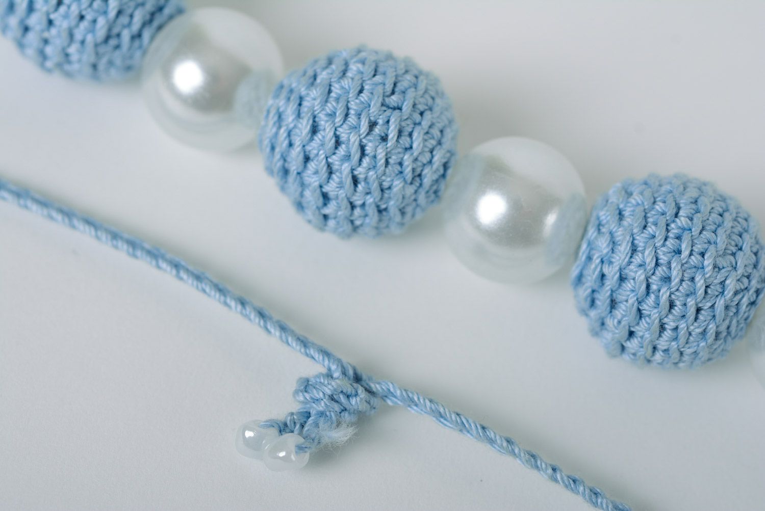 Handmade teething bead necklace crocheted of blue cotton threads for babies photo 5