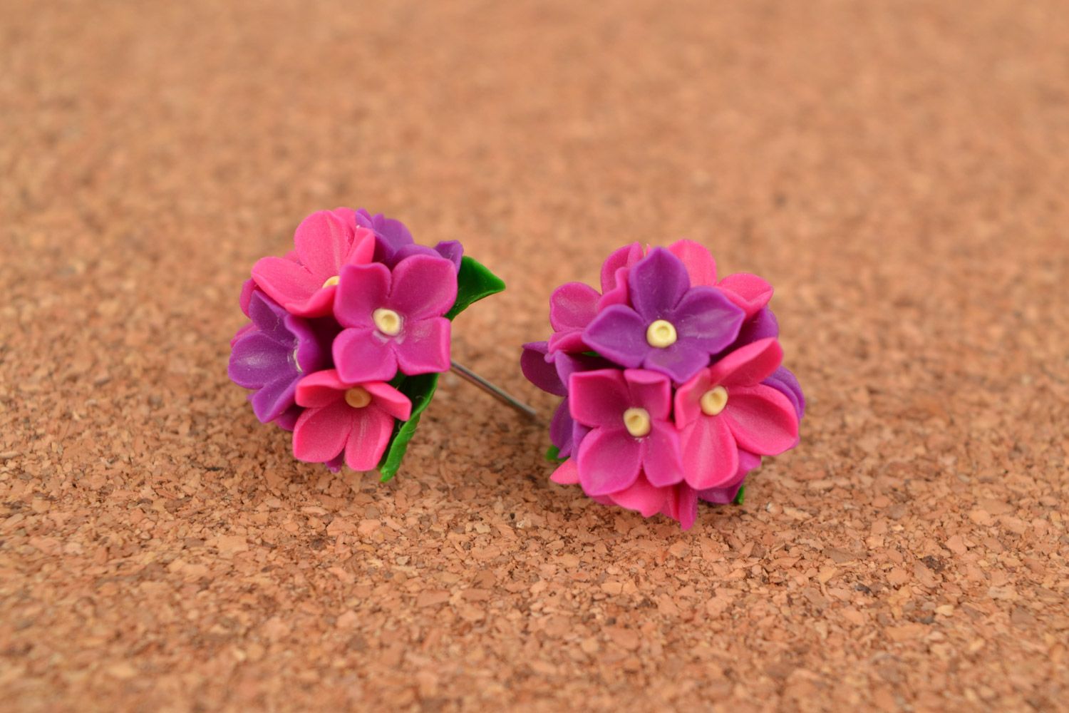 Homemade small stud earrings with bright pink polymer clay flower bouquets photo 1