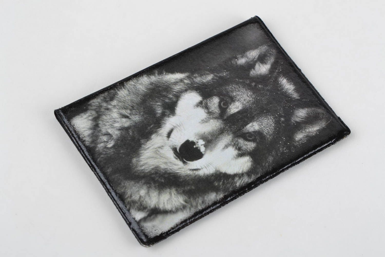 Handmade stylish faux leather passport cover with decoupage image of gray wolf photo 3