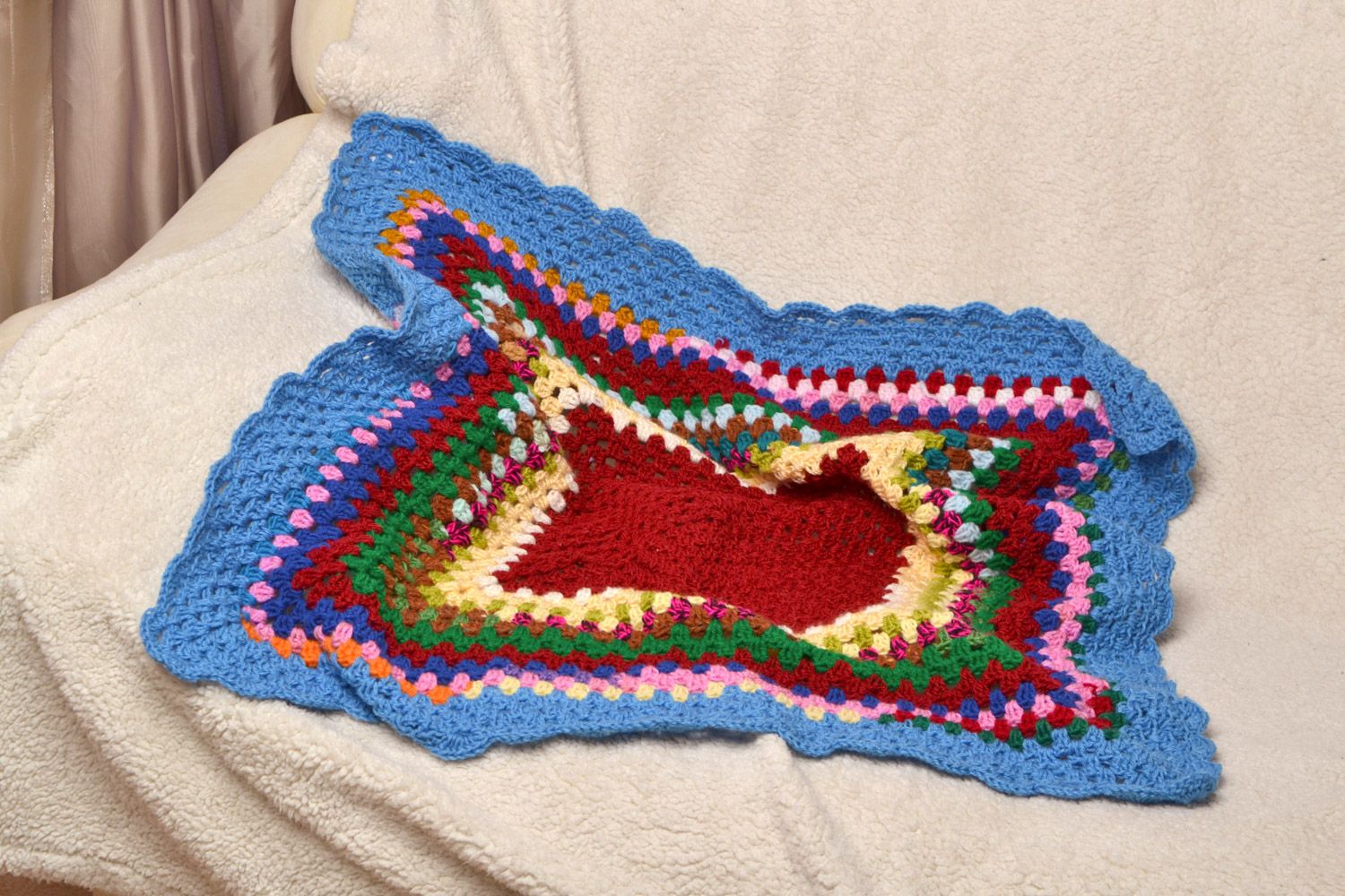Handmade small blanket crocheted of semi-woolen colorful threads for children photo 1