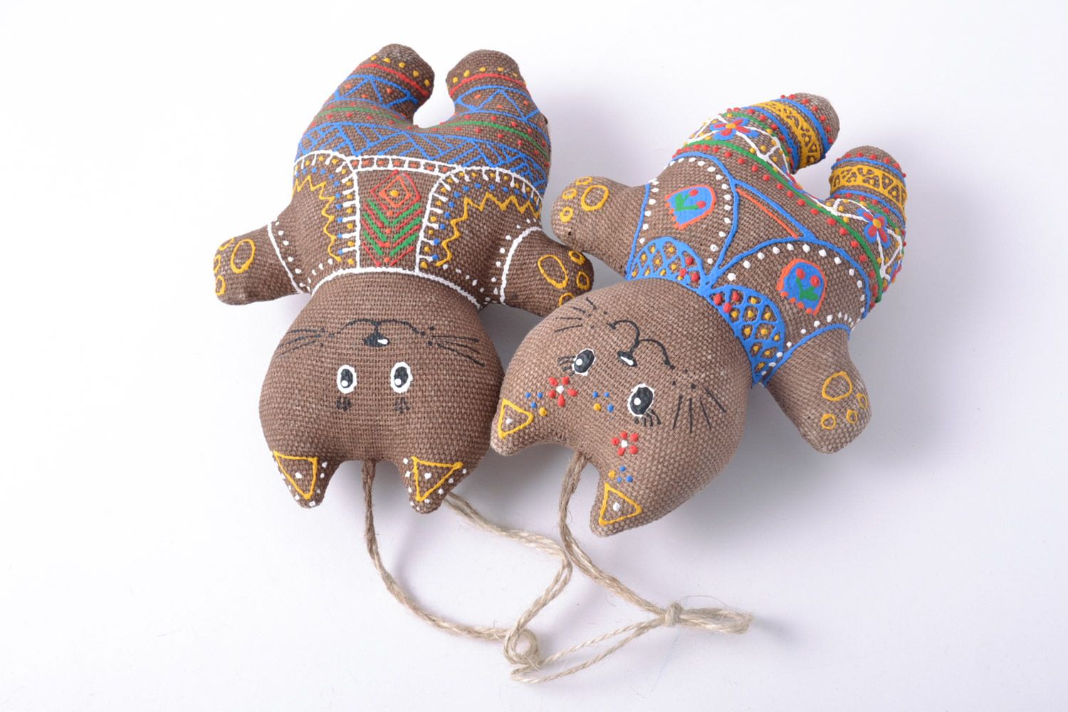 Set of 2 handmade painted hanging soft toys cats with eyelets and coffee aroma photo 2