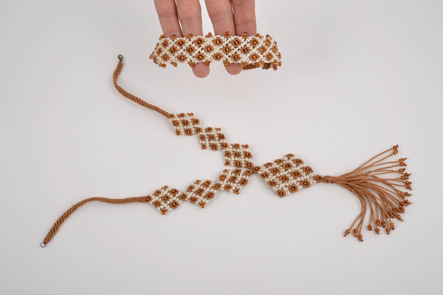 Set of handmade macrame woven thread jewelry wrist bracelet and long necklace photo 5