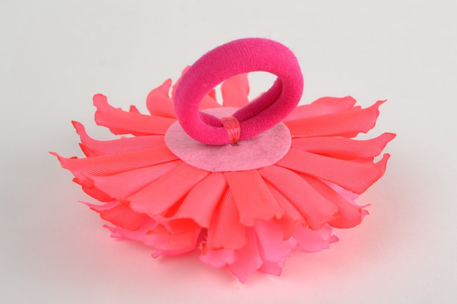 Handmade decorative hair tie with large volume bright pink satin ribbon flower photo 5