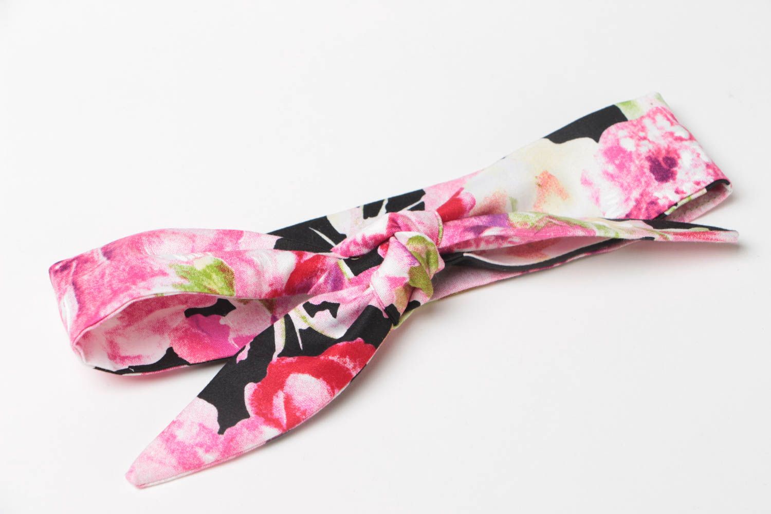 Bandeau à cheveux noeud tissu coton noir avec fleurs roses original fait main photo 3