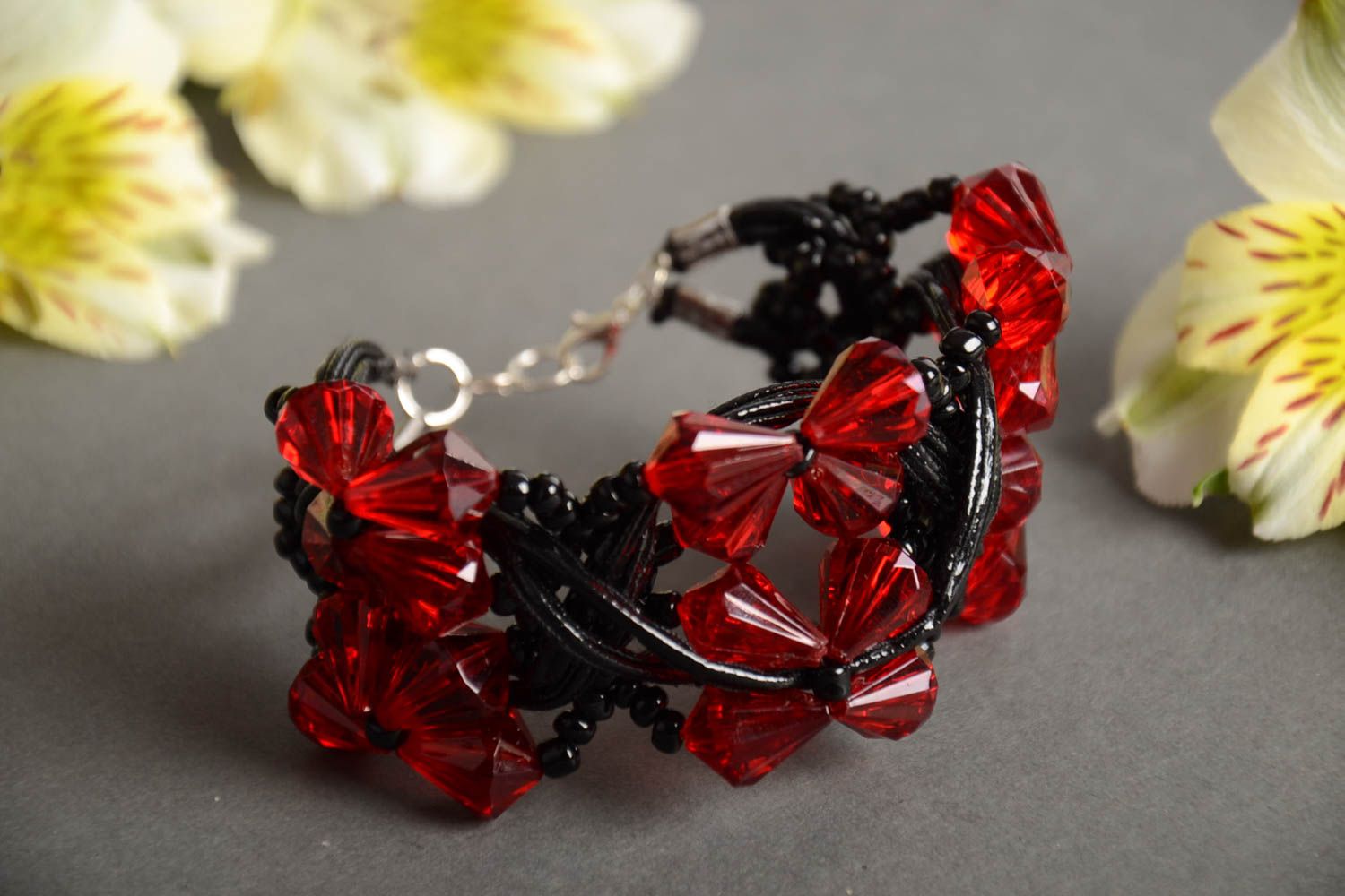 Designer festive handmade black and red wrist bracelet crocheted of Czech beads  photo 1
