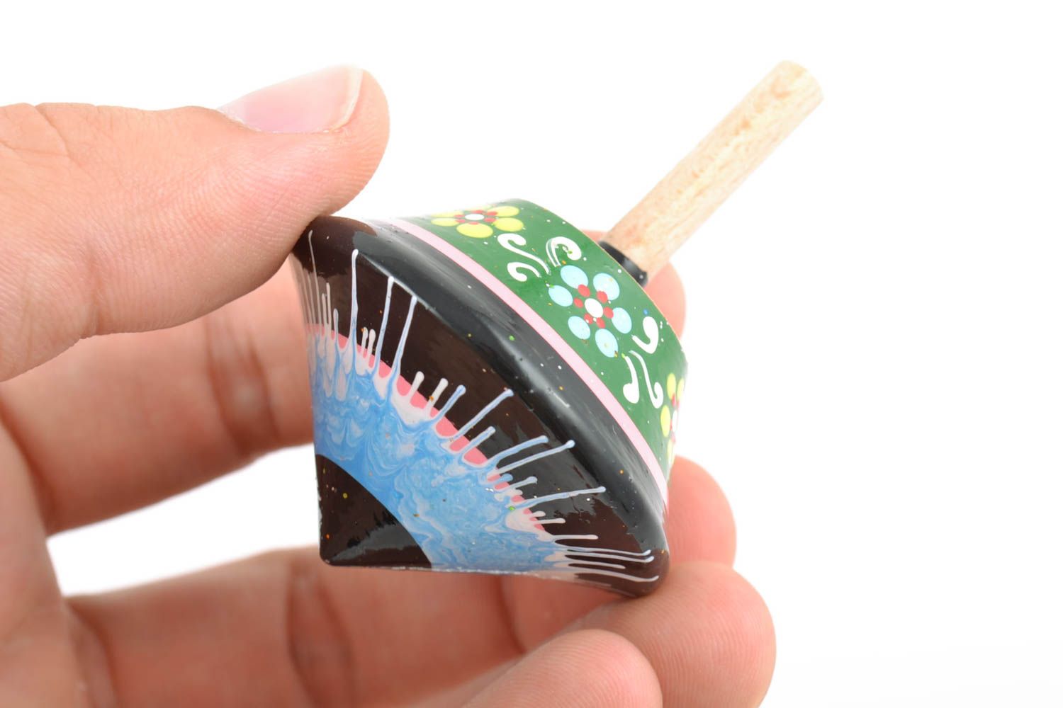Unusual bright handmade wooden toy spinning top with eco painting photo 2